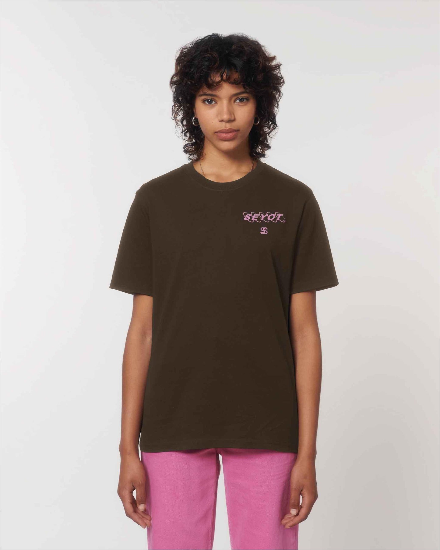 t-shirt marron avec imprimé rose Seyot première collection